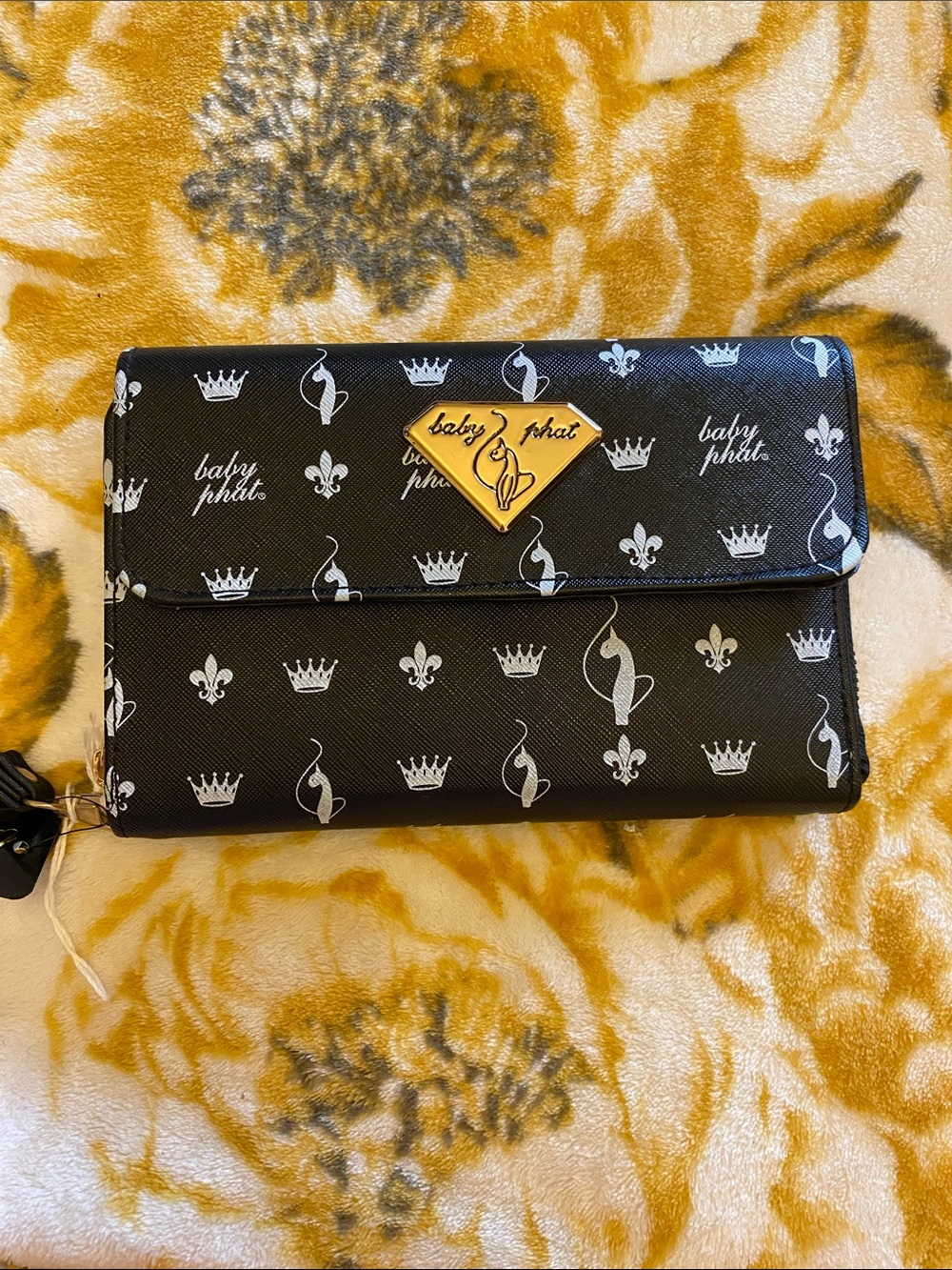 Baby Phat Black Wallet with White Logo Print and Gold Plaque